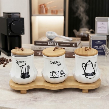 Set 3 Pots de Cuisine en Céramique avec Support