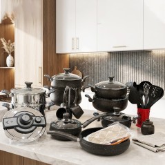 Batterie de Cuisine en Granite 34 Pièces - Noir