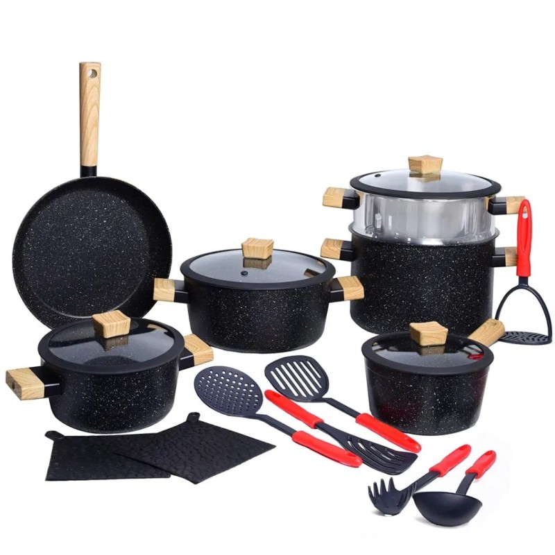 Batterie de Cuisine en Granite 18 Pièces Noir - HASCEVER