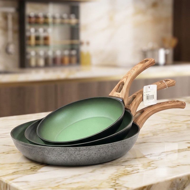 Série de 3 Poêles en Granite Manche en Bois