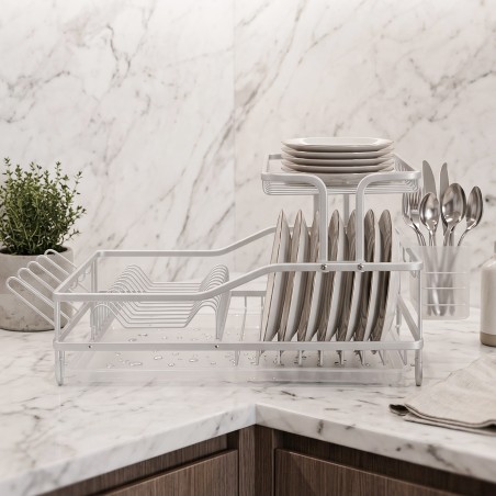 Égouttoir à Vaisselle 2 Niveaux Compact en Aluminium Argent