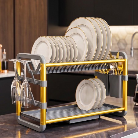 Égouttoir à Vaisselle 2 Niveaux en Aluminium Doré