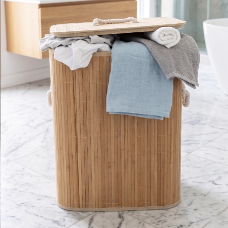Panier à Linge Rond Effet Bois avec Couvercle