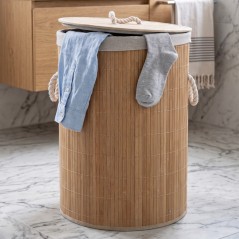 Panier à Linge Rond Effet Bois avec Couvercle