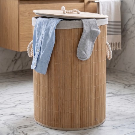 Panier à Linge Rond Effet Bois avec Couvercle
