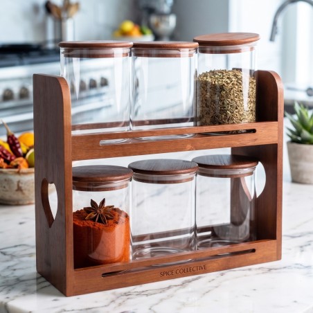 Porte Épices en Bois avec 6 Bocaux en Verre