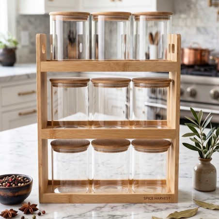 Porte Épices en Bois avec 9 Bocaux en Verre