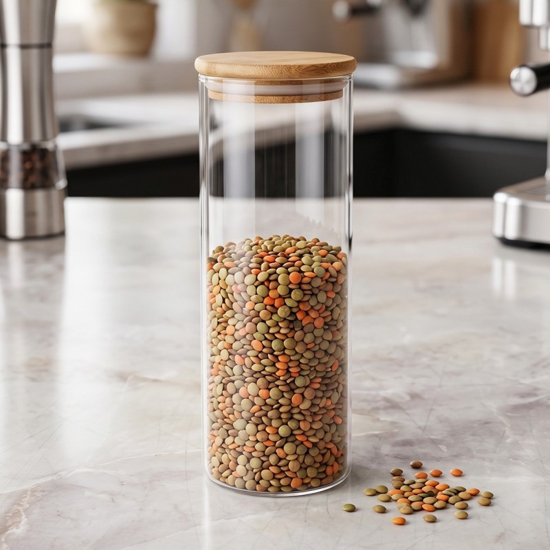 Bocal de Rangement en Verre avec Couvercle en Bois