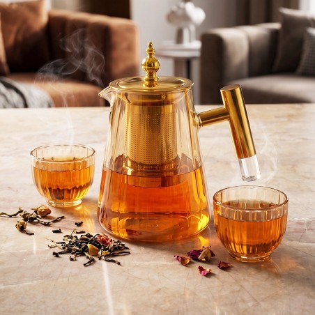 Théière en Verre avec Couvercle Doré