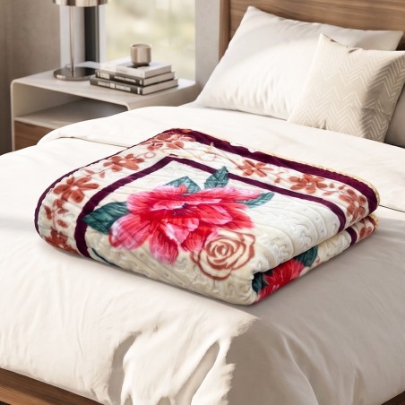 Couverture Lit 2 Places en Coton 3 Kg - Bordeaux Fleur