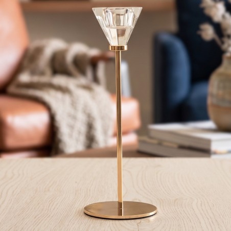 Porte Bougie en Verre Cristal & Métal Doré 22 cm