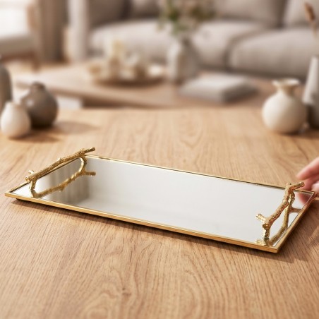 Plateau Rectangulaire Miroir 40x13 cm avec Poignées Dorées
