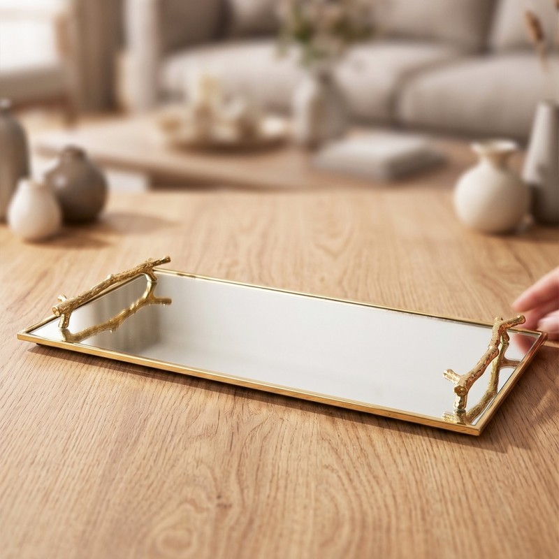 Plateau Rectangulaire Miroir 40x20 cm avec Poignées Dorées