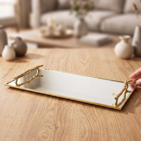 Plateau Rectangulaire Miroir 40x20 cm avec Poignées Dorées