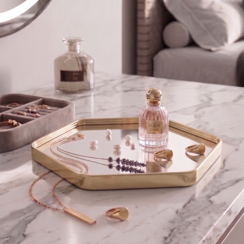 Plateau Miroir Hexagonal 21x24 cm avec Bordure Dorée