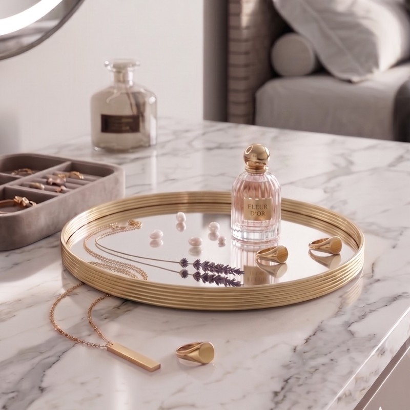 Plateau Miroir Rond ⌀19 cm avec Bordure Dorée