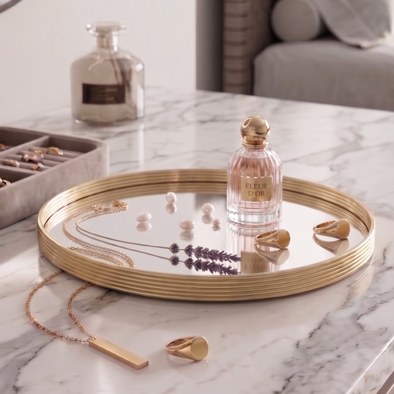 Plateau Miroir Rond ⌀29 cm avec Bordure Dorée