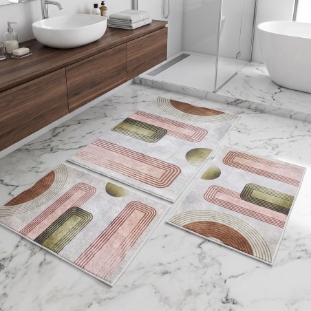 Set de 3 Tapis Salle de Bain Antidérapants - Grège / Rose