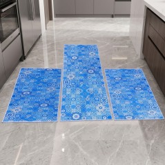 Set de 3 Tapis de Cuisine Antidérapants - Mosaique Bleu
