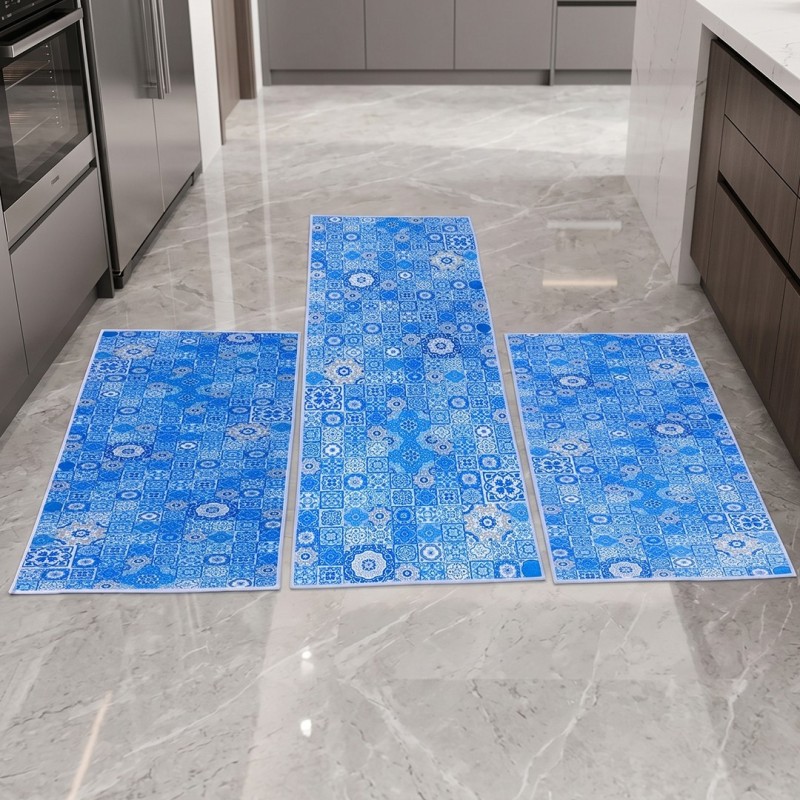Set de 3 Tapis de Cuisine Antidérapants - Mosaique Bleu