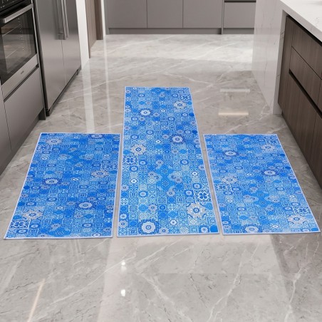 Set de 3 Tapis de Cuisine Antidérapants - Mosaique Bleu
