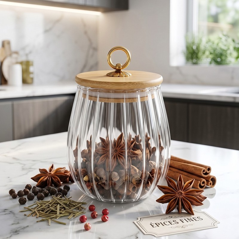 Bocal en Verre Strié 625ML avec Couvercle en Bambou