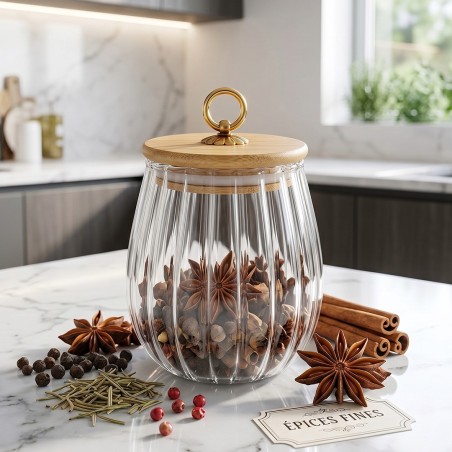 Bocal en Verre Strié 625ML avec Couvercle en Bambou