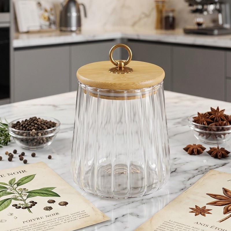 Bocal en Verre Strié 600ML avec Couvercle en Bambou