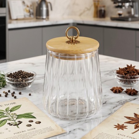 Bocal en Verre Strié 600ML avec Couvercle en Bambou