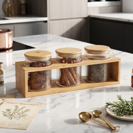 Ensemble de 3 Boîtes en Verre avec Support en Bois