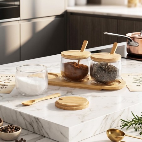 Ensemble de 3 Boîtes en Verre avec Support en Bois