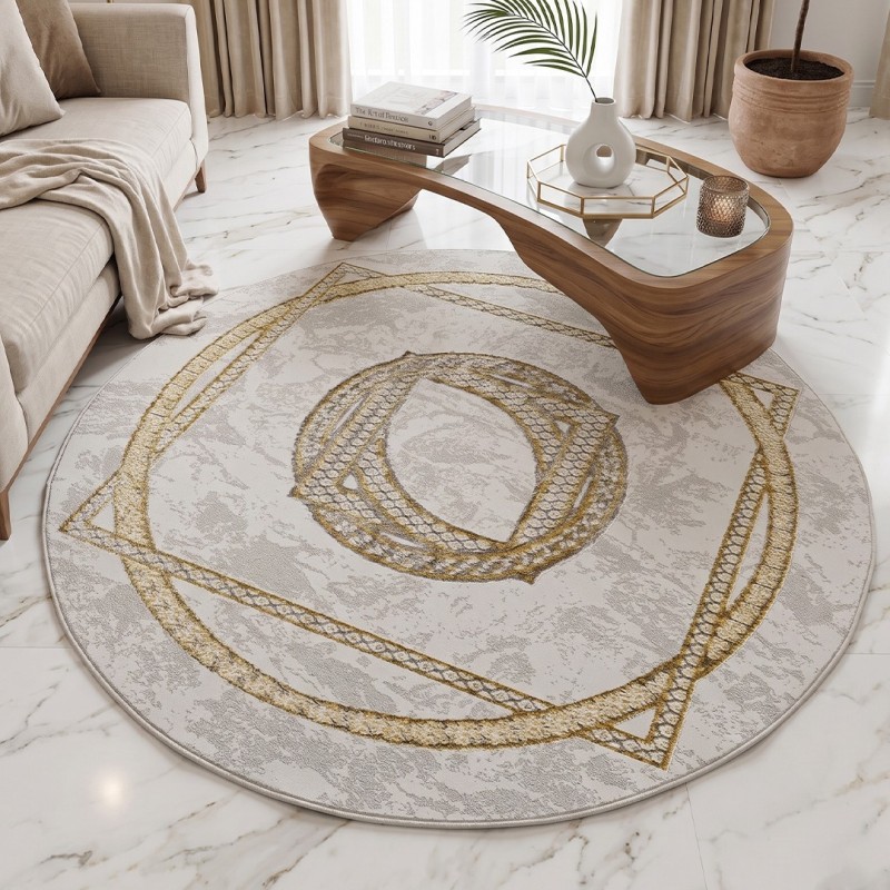 Tapis Salon Rond en Laine 150x150 cm Doré G/V - Elissa 0537A