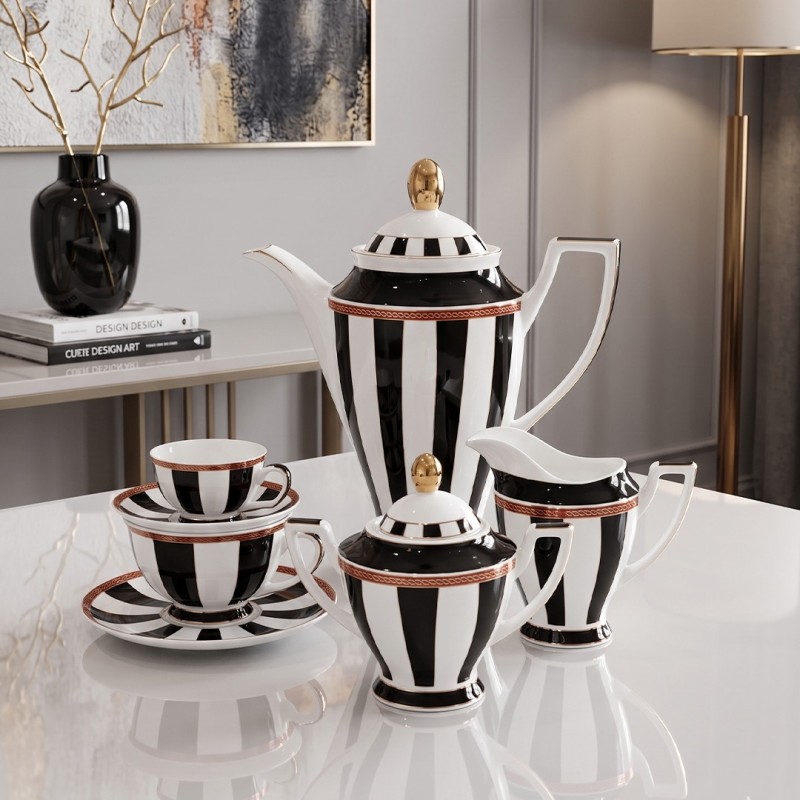 Service à Café en Porcelaine Noir et Blanc 29 Pièces Service à Café en Porcelaine Noir et Blanc 29 Pièces