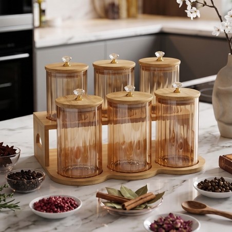 Set de 6 Bocaux de Rangement avec Support en Bambou