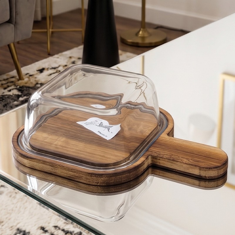 Beurrier en Verre avec Plateau en Bambou 19x19 cm Beurrier en Verre avec Plateau en Bambou 19x19 cm