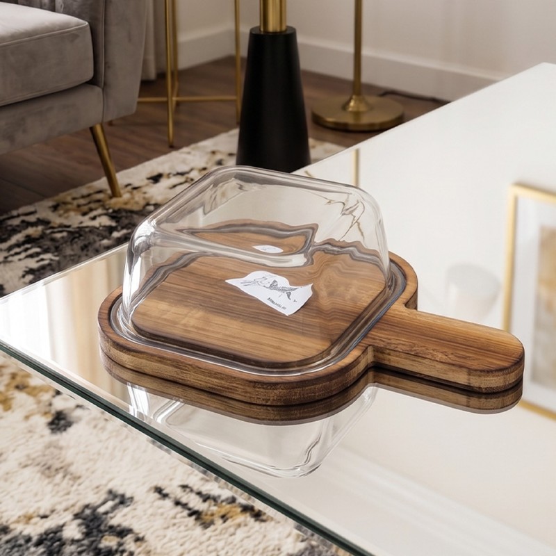 Beurrier en Verre avec Plateau en Bambou 17x17 cm