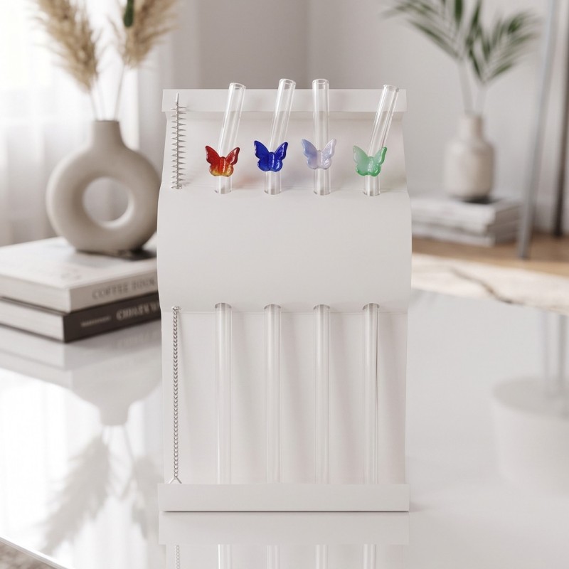 Lot de 4 Pailles en Verre avec Décoration Papillon