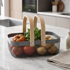Corbeille à Fruits en Plastique avec Poignées Aspect Bois