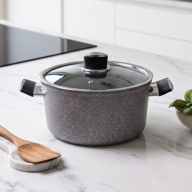 Faitout Granite Gris avec Couvercle en Verre 20 cm
