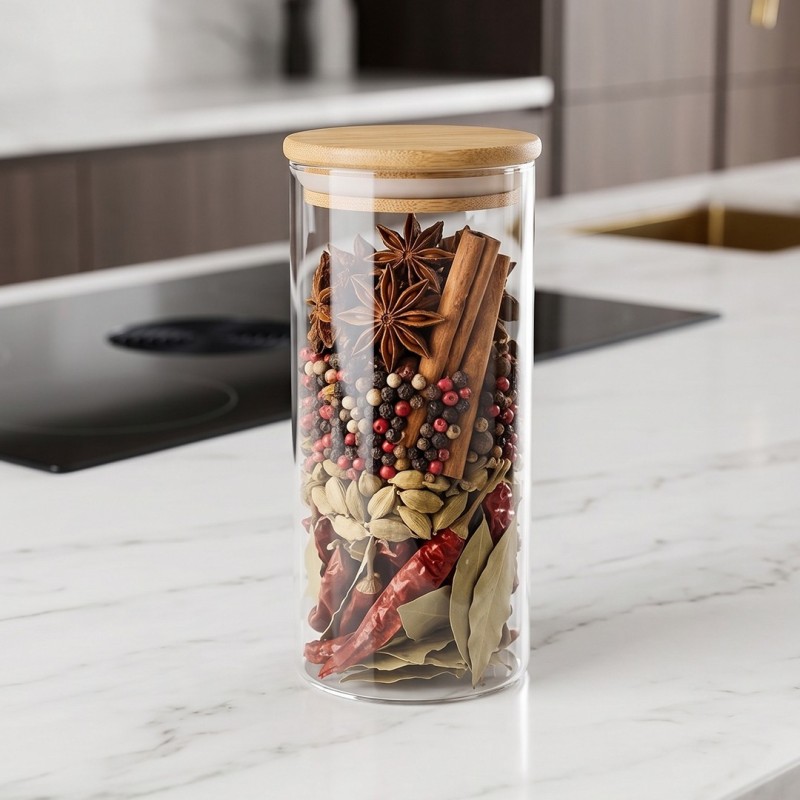 Porte Épices en Verre 400ML avec Couvercle en Bois