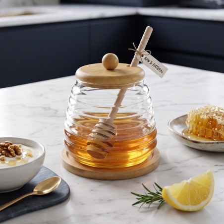 Pot à Miel en Verre avec Couvercle Bois & Cuillère