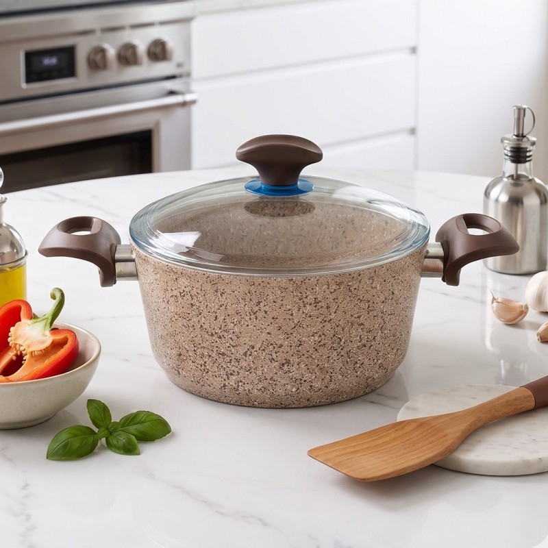 Faitout Granite Beige avec Couvercle en Verre 20 cm