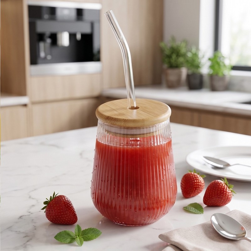 Gobelet en Verre avec Couvercle & Paille 400ml