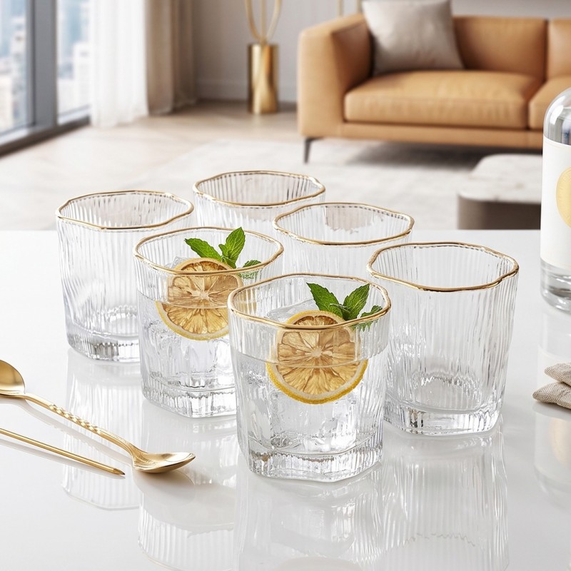 Lot de 6 Verres en Verre Transparent Bord Doré Lot de 6 Verres en Verre Transparent Bord Doré