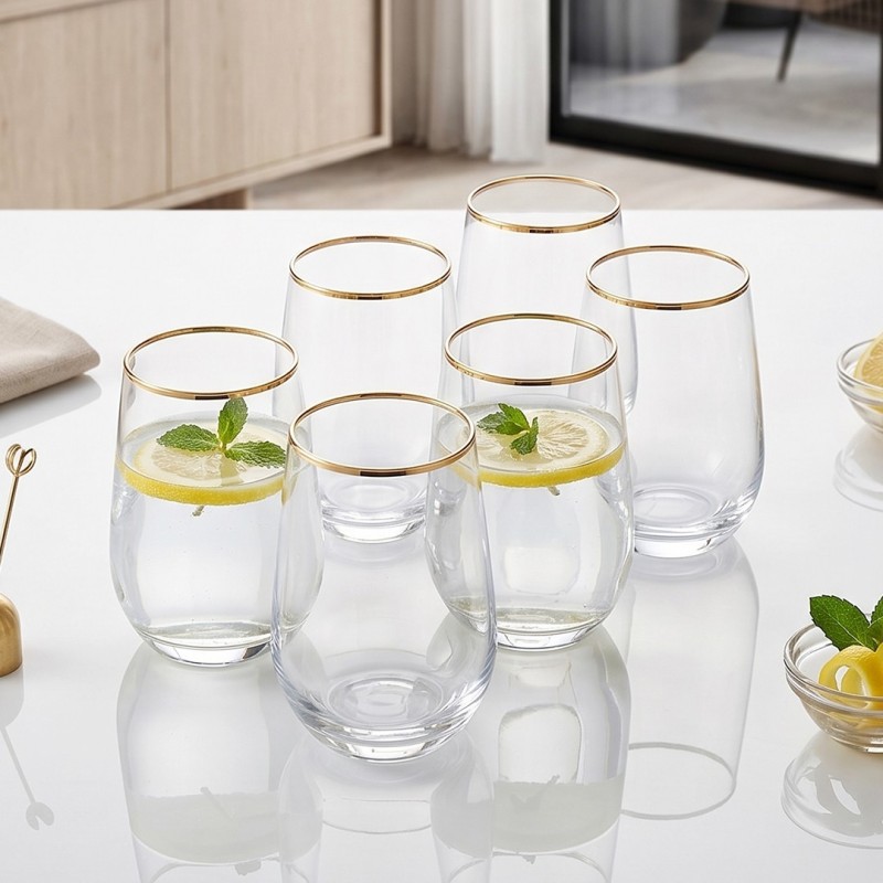 Lot de 6 Verres à Eau en Verre avec Bordure Dorée Lot de 6 Verres à Eau en Verre avec Bordure Dorée