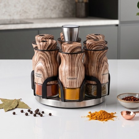 Porte-Épices Rotatif avec 6 Pots en Verre Effet Bois