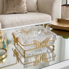 Cendrier Carré en Verre avec Support Métallique Papillon Doré
