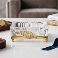 Cendrier Carré en Verre avec Support Métallique Aile Dorée