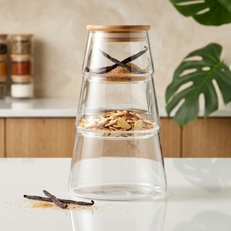 Série de 3 Boîtes en Verre avec Couvercle en Bois