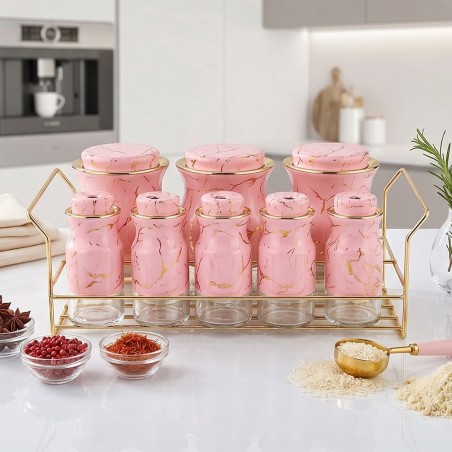 Porte-Épices 8 Pots en Verre Effet Marbre Rose